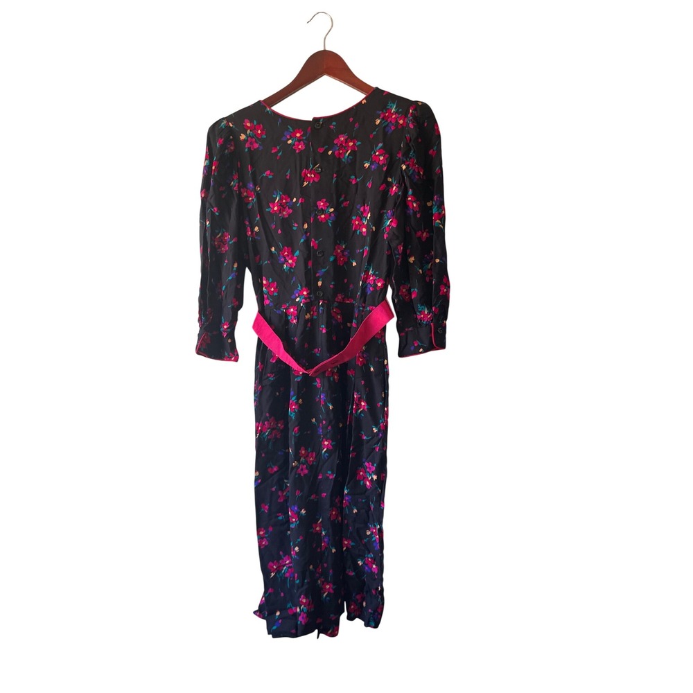 Lanz Originals Vintage Floral Midi Dress Black Fuchsia Bow Puff Sleeve Size 6 - Picture 2 of 8